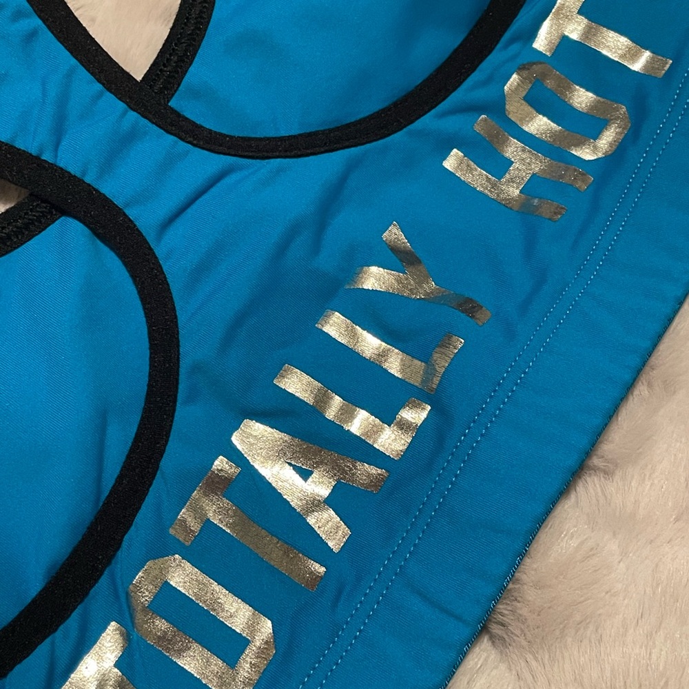 Blue Sports Bra with Silver Lettering